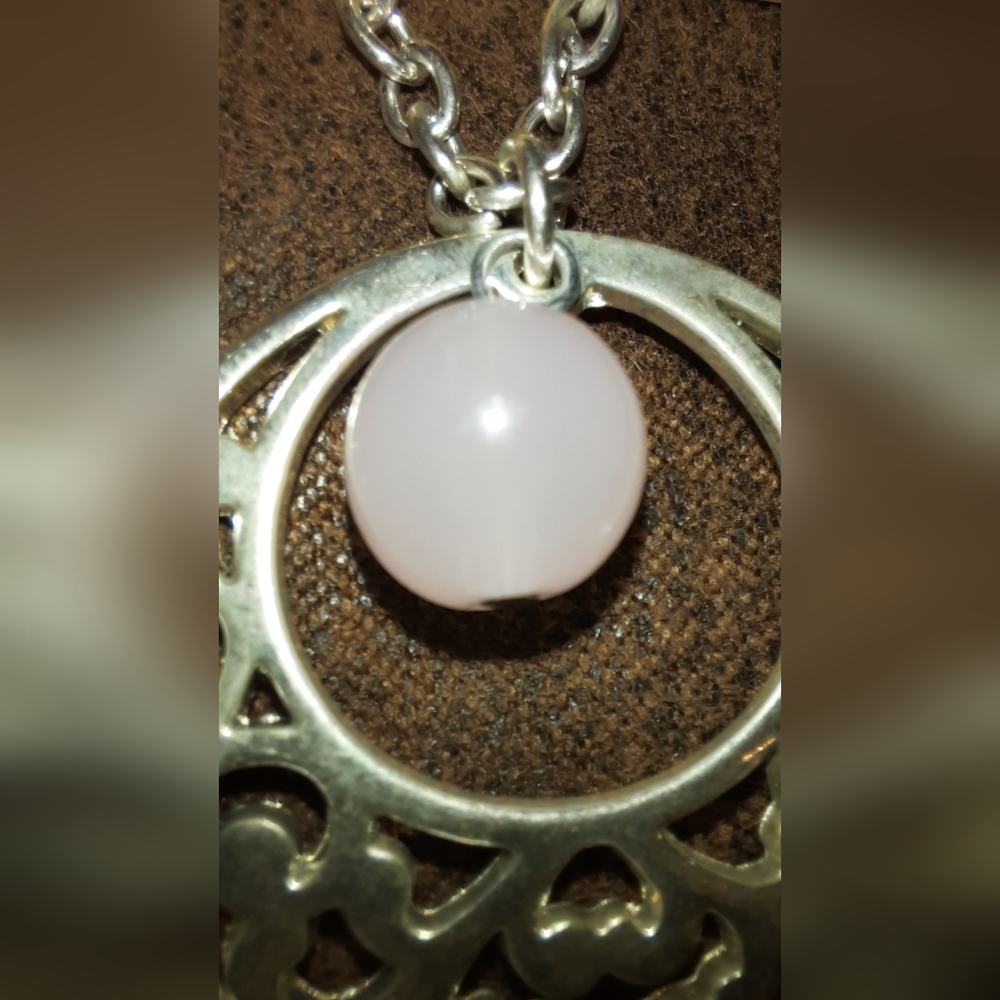 Signed Pink Quartz Dangle Silvertone Filigree Pen… - image 3